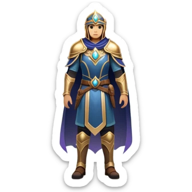 An icon featuring a hero with a closed visor, standing in a majestic, mystical landscape, inspired by RPGs like Elden Ring. The design includes a stunning, ethereal background with towering castles and distant mountains, symbolizing the adventure and mystery. Transparent background sticker