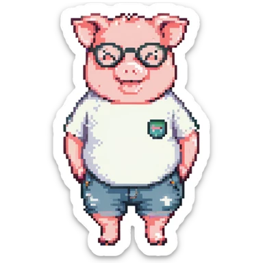 chubby baby pig wearing round glasses, colorful short-sleeve t-shirt, cute shorts, standing and smiling, pixel art emoji style, 32x32, bright and cheerful colors, kawaii style sticker