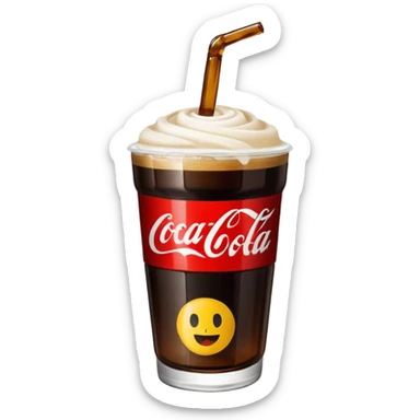 plastic cup made from a cut Coca-Cola bottle, with fernet and cocacola, black drink and blonde foam, emoji style sticker