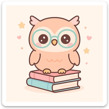 wise owl wearing glasses sitting on a stack of books in kawaii cute style sticker