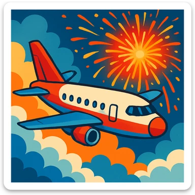 A jet airplane in the clouds with fireworks bursting nearby, creating a dramatic explosion of colors in the sky sticker