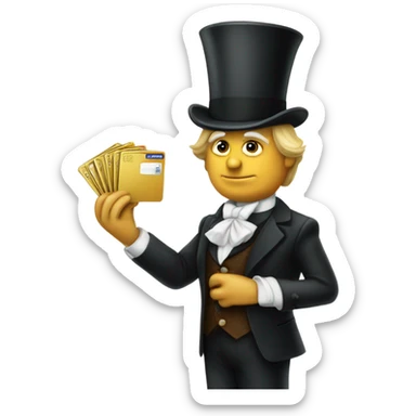 trump waiter Victorian dress elegant full body, holding big credit card sticker