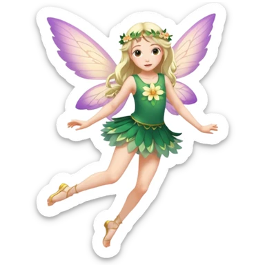 A winged flower fairy white skin girl, wearing a short skirt, one leg straight and the other bent, her body tilted, in a flying pose. sticker