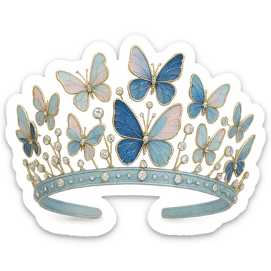 butterfly crown with a baby blue base, butterflies in pastel and deep blue enamel, sparkling gems sticker