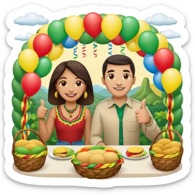 party table decorated with green red and  yellow colors, including a backdrops, balloons arch, streamers and more. On the table are intricate displays of colombian arepas, and baskets of money. In the forefront is a woman and man in simple clothing, big smiles and big thumbs up sticker