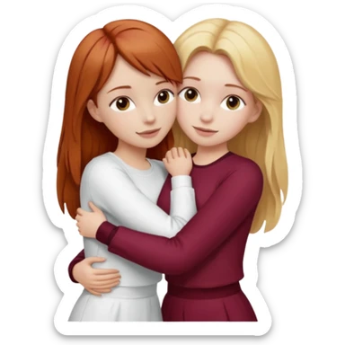 two girls who hug eachother. one has auburn hair with blonde highlights and very pale skin and is wearing white outfit, other has medium-fair skin and blonde hair and is wearing a burgundy outfit sticker