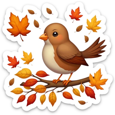 a single bird watching other birds fly away, surrounded by falling autumn leaves sticker