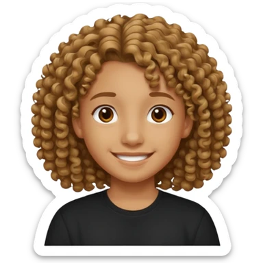 Un adolecente con camisa negra, pelo rizo pelo medio y de color canela sonriendo sticker