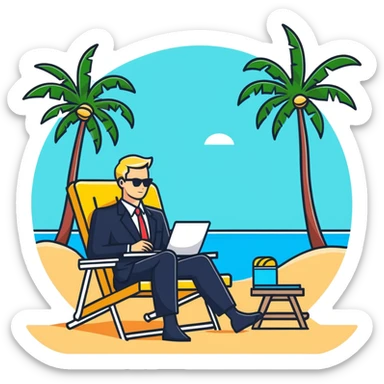 blonde man in business suit sitting on beach chair, vacation setting with palm trees sticker