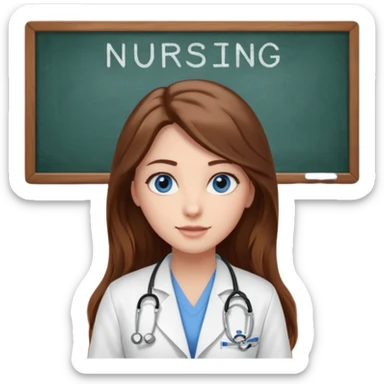 university classroom that says nursing school on the board with a pretty female nursing student with long brown hair, blue eyes sticker