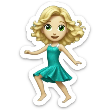 slim blonde wavy long hair girl dancing in teal pattern dress sticker