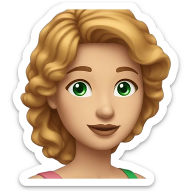 Long golden-brown hair bright-emerald-green eyes medium-full dusty-pink lips oval face slightly arched eyebrows woman, slightly smiling close-lipped sticker