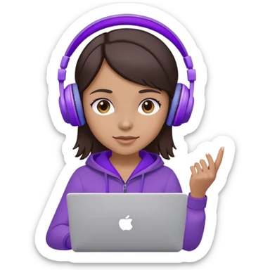 Medium skin tone dark brown haired girl wearing purple headphones holding an laptop sticker