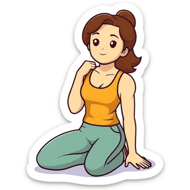  One Caucasian woman with brown hair, big boobs, wearing pants and a tank top, kneeling on the ground.  sticker