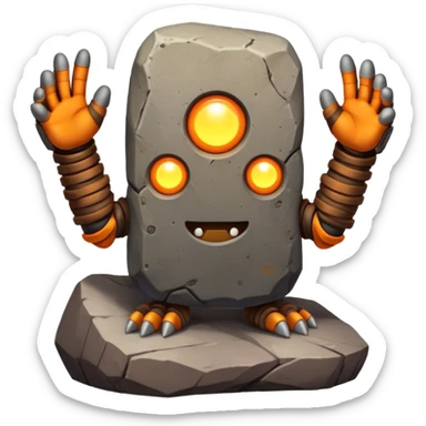 Rock creature with glowing dots and 'GM' behind, featuring a rugged gray and brown stone body, orange-brown arms, and six yellow glowing dots on its head, with large bold 'GM' letters in the background.

 sticker