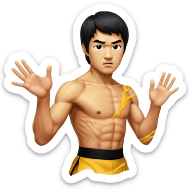 Cinematic Realistic Bruce Lee Portrait Emoji, depicted as a dynamic martial arts icon with an intense gaze and athletic physique caught in a fluid motion, rendered with vivid textures and energetic lighting that embodies his legendary prowess. sticker