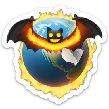 flat earth on fire with bat wings and paper clip sticker