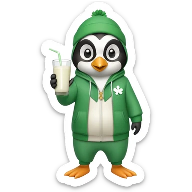 full body friendly anthropomorphised penguin wearing green mafia-style tracksuit, angry confident scheming stance, holding glass of milk, shamrock accessory sticker
