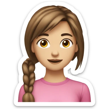 Fit girl medium hight brown eyes brown hair with bangs and a pony tail slim face ad long chin  sticker