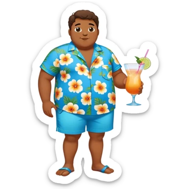 chubby guy full figure in a flowered azure havai shirt, brown shorts and flippers holding a cocktail sticker