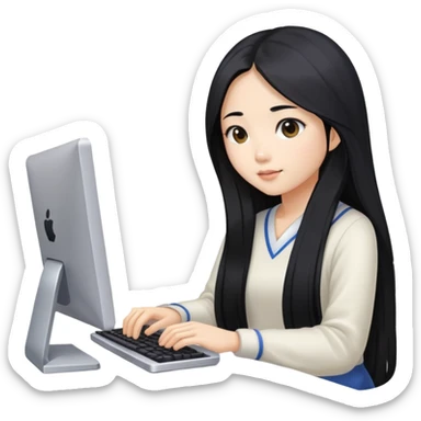 asian girl with long black hair typing on computer sticker