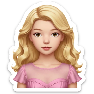 Cinematic Realistic Anya Taylor Joy Portrait, depicted with lifelike skin texture, subtle rosy undertones, and soft natural lighting that enhances the gentle contours of her face. Her intricately detailed golden blonde hair is elegantly wavy, and pink dress sticker