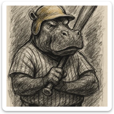 hippo holding a baseball bat, wearing a yellow helmet, pinstripes outfit sticker