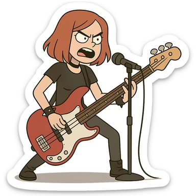 rock girl with red hair and red bass guitar, long bob hairstyle, performing on stage sticker