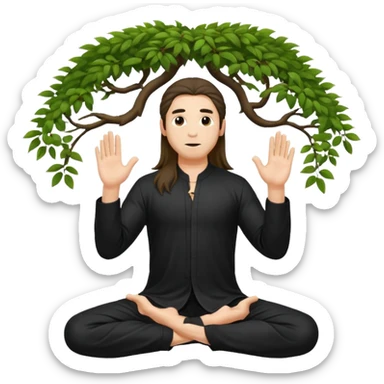 pratiquant de qi gong, homme aux cheveux long, en position de l'arbre, en tenue noire ou blanche. L'image ne contiendra pas d'arbre sticker