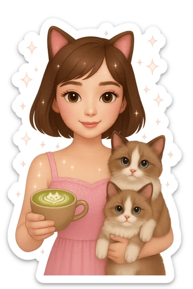Add a matcha latte to the scene, keeping the Apple emoji style and pink soft girl aesthetic, featuring the girl with short brown hair, makeup, skincare, sparkles, and two light brown ragdoll cats. Maintain the transparent background and the overall Apple emoji style look. sticker