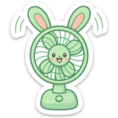 chibi electric fan shaped like a bunny, ears spinning as blades, pastel green, cheerful face, full-body sticker