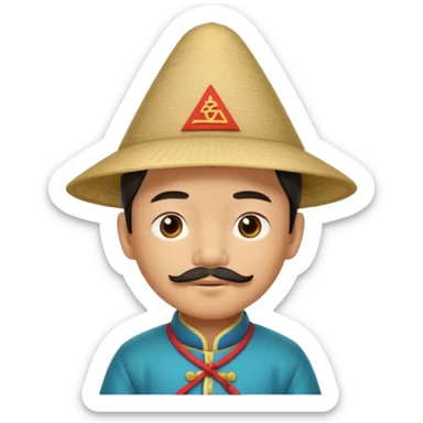 An Asian boy, with little mustache and little beard and a traditional triangle Chinese hat sticker