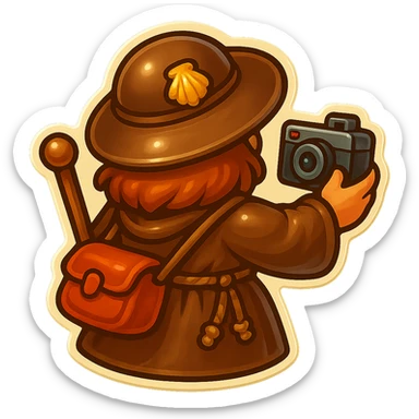 Create a small, funny medieval pilgrim taking a photo, seen from behind, in retro stickers style with a transparent background. Keep the character humorous and medieval-themed, matching the style of the reference image. sticker
