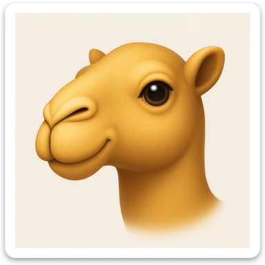 Edit the camel emoji to remove the hat, the green part of its neck, and the thing in or by its mouth. Keep all other details and style exactly like the iOS emoji style reference image. Add a subtle highlight. sticker