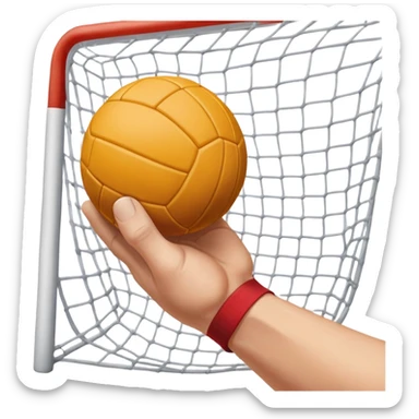 A close-up of a hand gripping a handball, with the handball gates visible in the background. The focus is on the texture of the ball and the strength of the grip, with the goal net slightly blurred to emphasize the anticipation of the throw. sticker