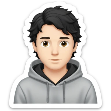 young white guy in a hoodie with black wavy hair sticker