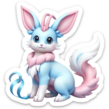 Feral Rare Fantasy cute realistic adorable pastel pink light-blue white iridescent Sylveon-Milotic-Minccino-Vernid-Sergal-hybrid by LiLaiRa, markings, tufted ears, full body sticker