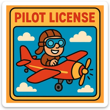 playful pilot license design with cartoon airplane and clouds sticker
