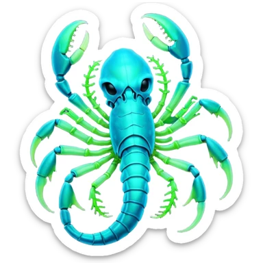 3D render of Radioactive Scorpion, bioluminescent deep sea style, glowing neon blue and green lights, dark background to contrast the glow, translucent organic textures. sticker