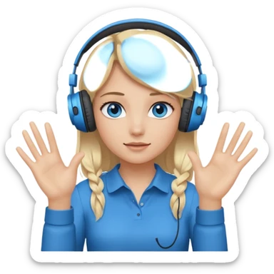 girl with blonde hair and blue eys, having on ears heaphones, with heands telling what  sticker