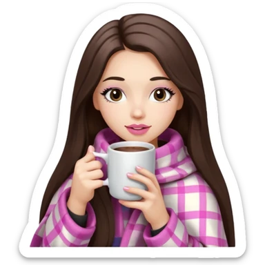 Pink lip, eyelashes, Black eyed brunette girl with long hair and light skin shoulders wrapped up in a pink plaid blanket drinking hot chocolate sticker