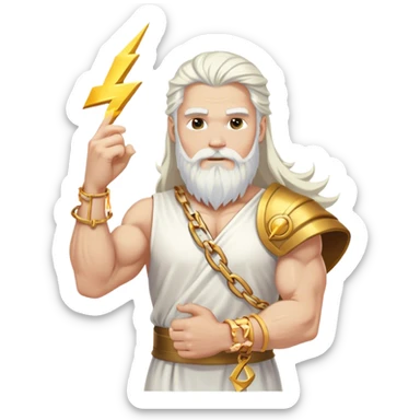 Muscular white colored long hair and white beard man white dress gold bracelet holding a lightning sticker