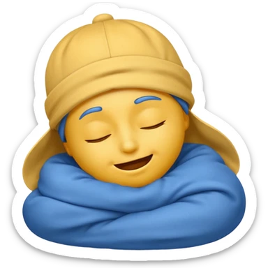 yellow face emoji, small smile, eyes closed, sleeping, blue sleep cap, classic emoji style sticker