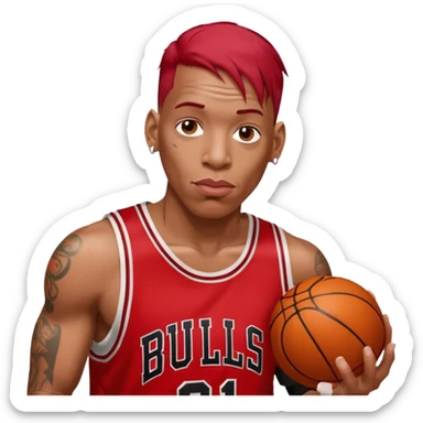 Dennis Rodman with a basketball and “91 “Chicago bull.with a very short red hair sticker