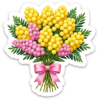 A bouquet of mimosa flowers wrapped with a pink ribbon sticker