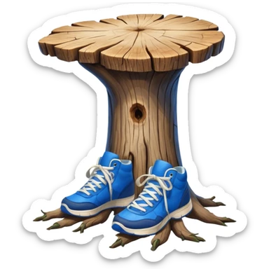 unsettling wooden stump with arms, legs, and blue sneakers sticker
