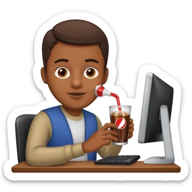 Hombre tomando un refresco frente a un ordenador sticker