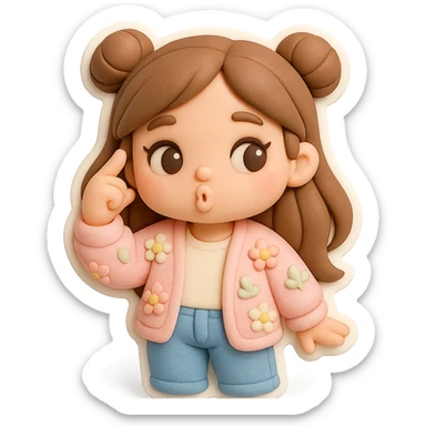 3D chibi fondant cake art style, high-quality rendering with smooth shadows and soft gradients. Girl with long brown hair in two space buns, brown eyes, jeans, pastel floral cardigan, thick white outline like a sticker, transparent background. Spinning finger near her temple and whistling like 'what a fool', preserve facial features from reference image. sticker