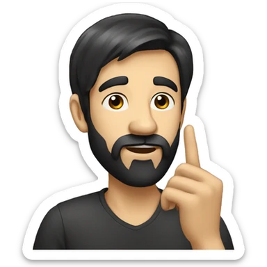 a bearded man with shaved black hair, who shushes with his finger to his mouth sticker