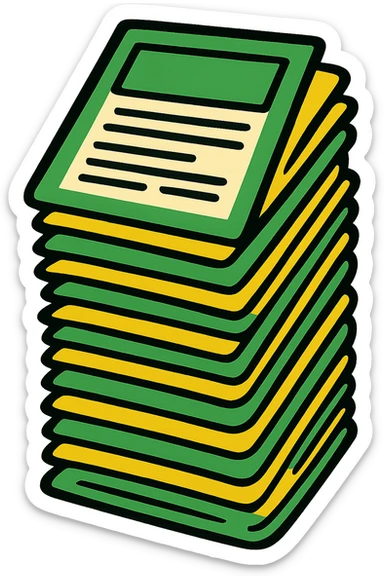 Make the stack of papers taller with a professional style. Use a green, gold, and white color scheme. The design should be bold and clear, suitable for digital use, with no background. sticker